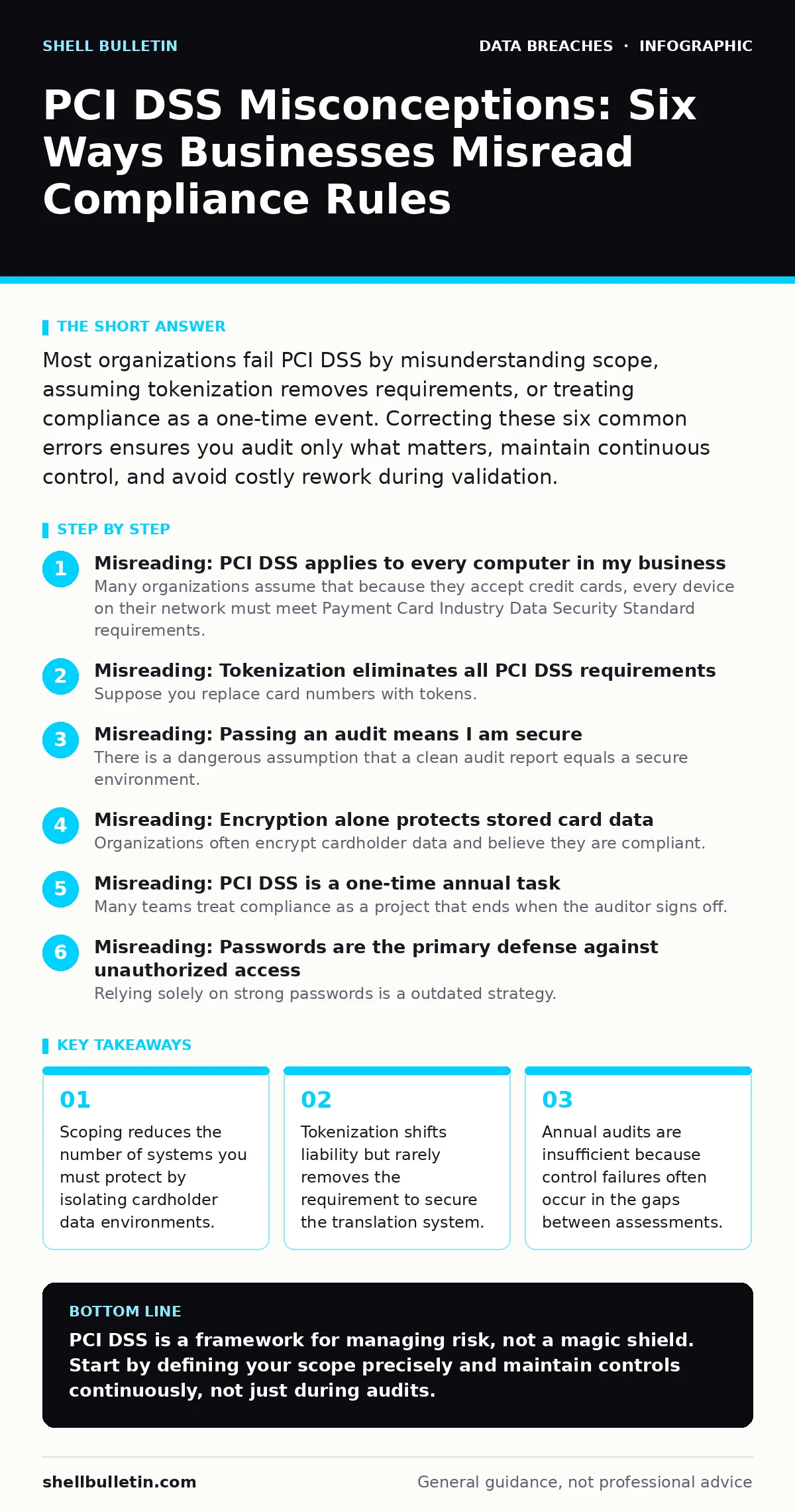 Infographic: PCI DSS Misconceptions: Six Ways Businesses Misread Compliance Rules. Scoping reduces the number of systems you must protect by isolating cardholder data environments. Tokenization shifts liability but rarely removes the requirement to secure the translation system. Annual audits are in