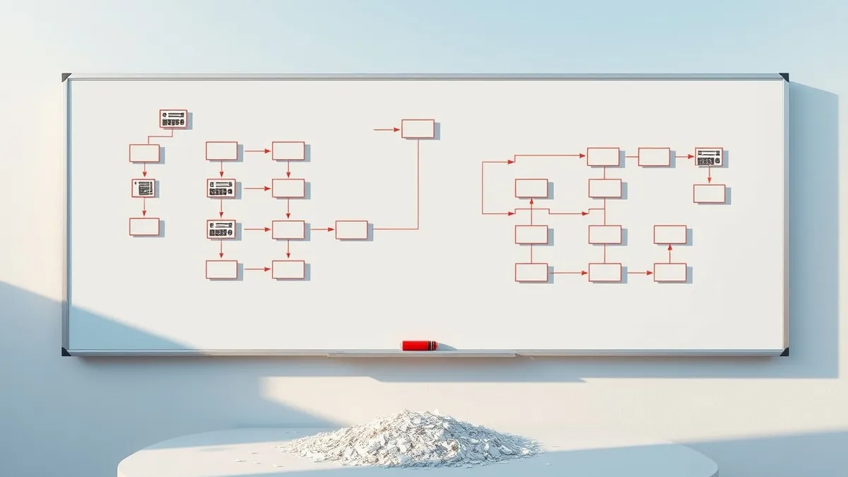 Illustration: A whiteboard covered in complex flowcharts connects blank server icons to empty database boxes.