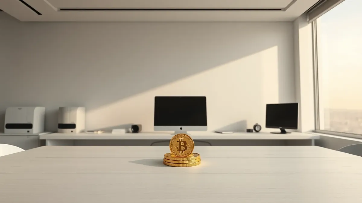 Illustration: A pristine white office desk holds a single, ornate golden coin resting on a smooth wooden surface.