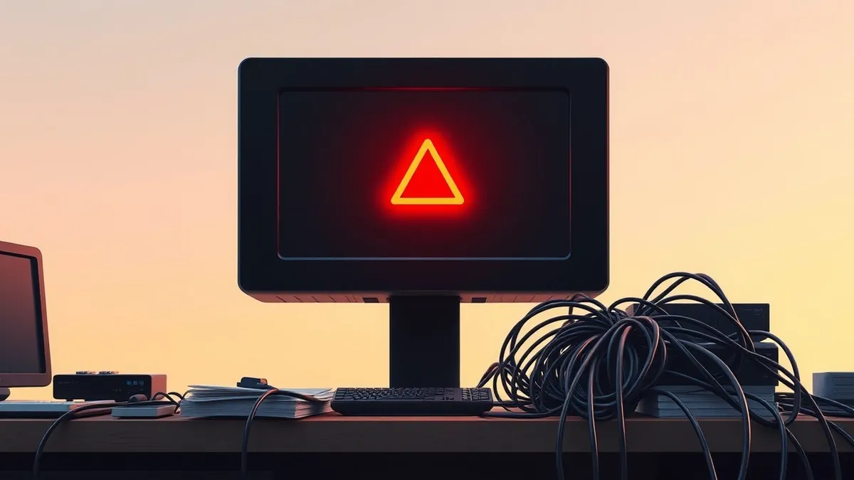 Illustration: A sleek black security gateway sits on a cluttered desk, its front panel dominated by a single, unlit rectangular screen.