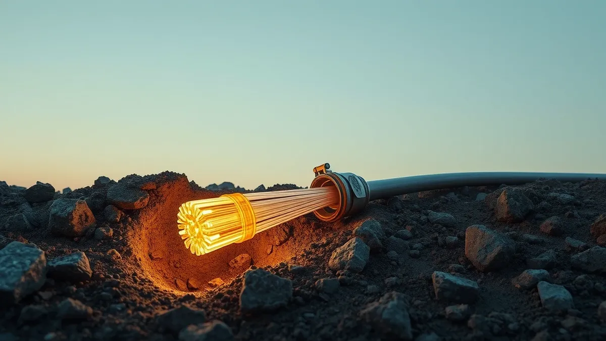 Illustration: A severed fiber optic cable lies exposed in a muddy trench, its glowing core spilling light onto rough stones.