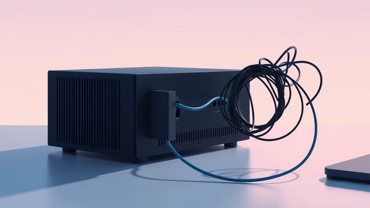 Illustration: A sleek black network appliance sits on a desk with a small access panel slightly ajar.