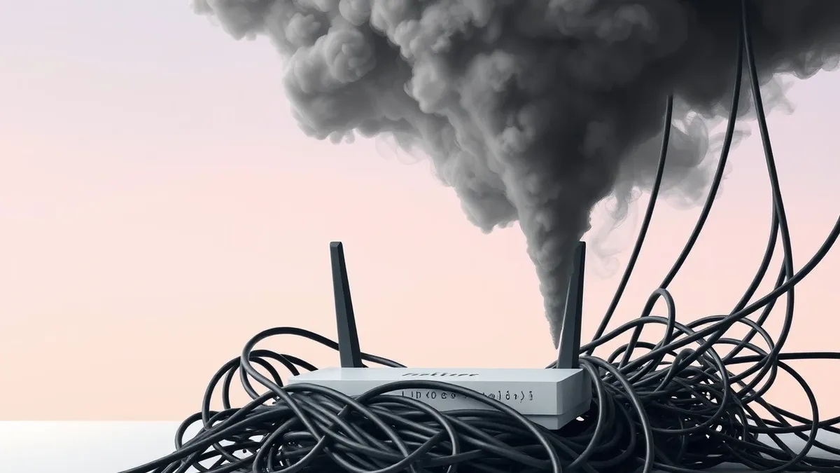 Illustration: A tangled web of black cables plugs into a blank router, with grey smoke rising from the tangled mass.