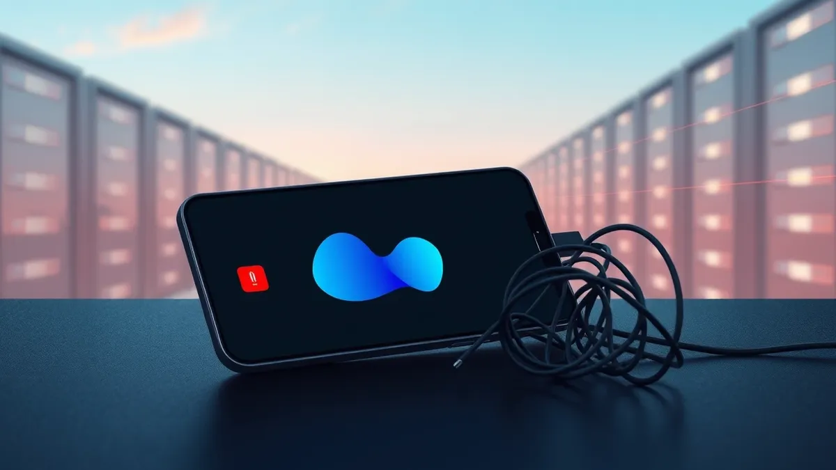Illustration: A sleek black smartphone rests on a dark desk beside a tangled charging cable.