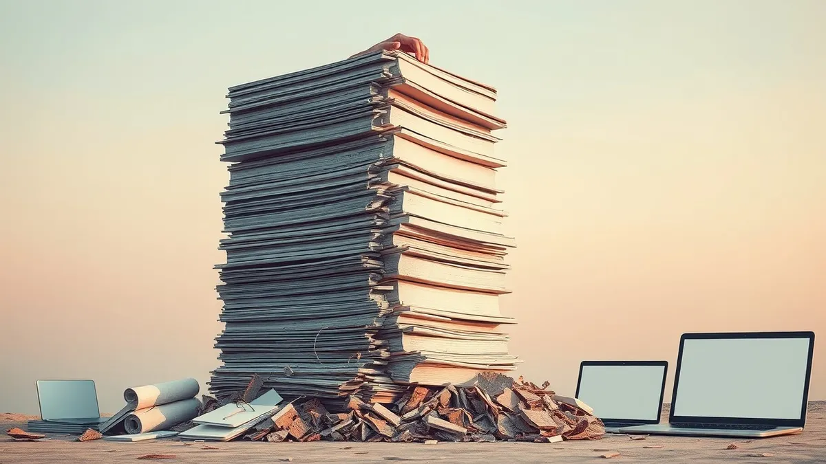 Illustration: A towering, precarious stack of blank gray log files grows unstable, with older, dusty volumes at the base cracking and crumbling under the weight.