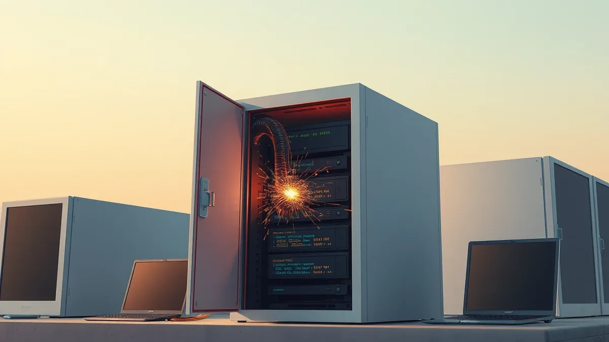 Illustration: An exposed network port sits open like an unlocked door on a generic server tower.