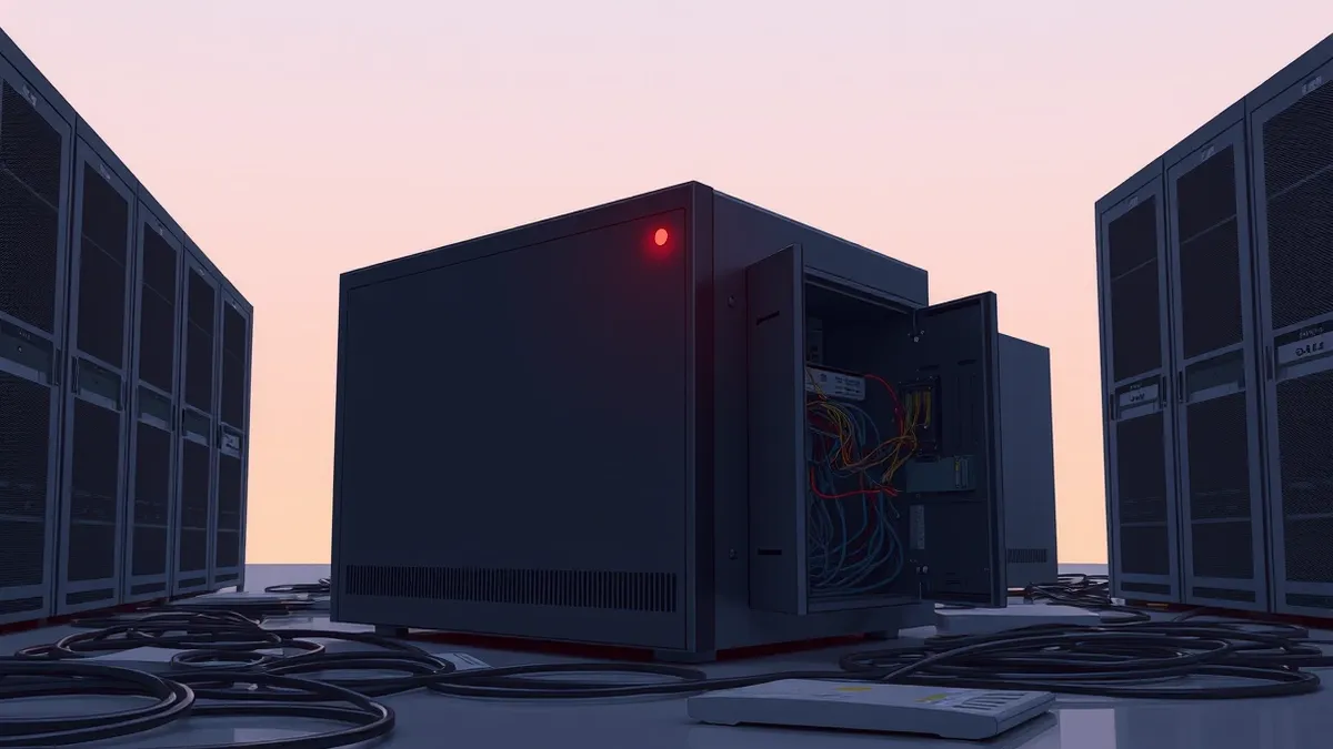 Illustration: A sleek, black network appliance sits on a cluttered server room floor.