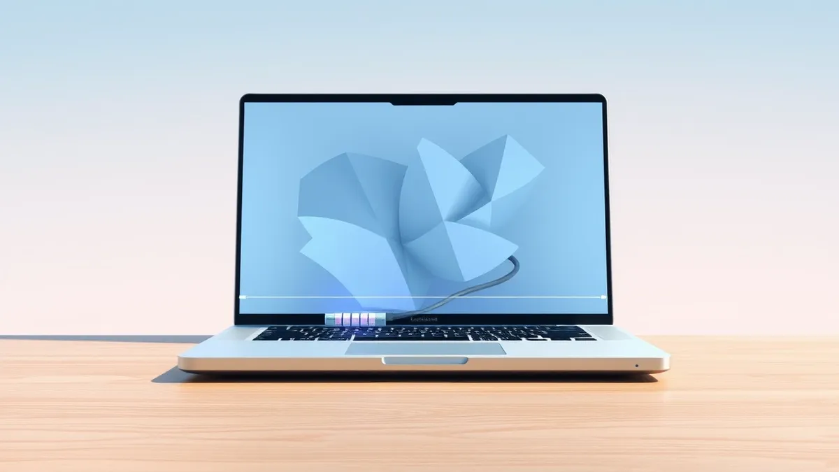 Illustration: A sleek silver laptop sits open on a wooden desk, its screen glowing with soft abstract geometric shapes.