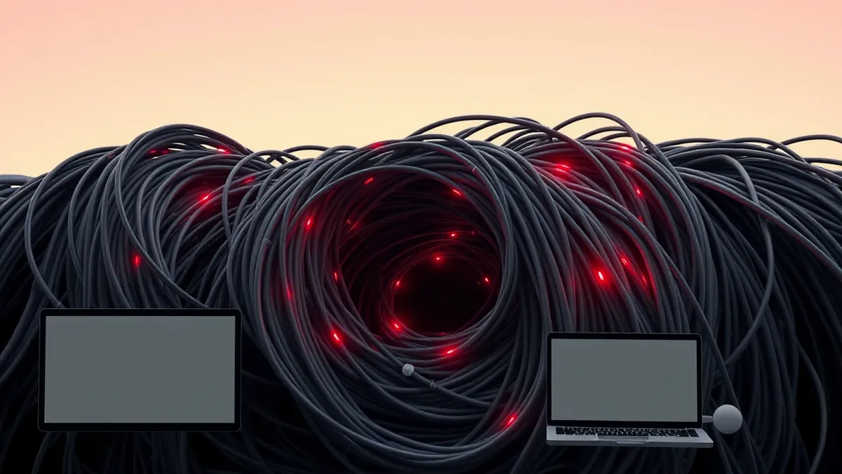 Illustration: A tangled nest of thick fiber optic cables winds through a dark tunnel, with glowing red lights pulsing rhythmically inside the twisted strands.