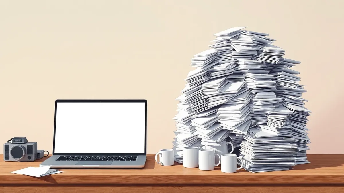 Illustration: A cluttered wooden desk holds a single open laptop with a blank, abstract interface on its screen.