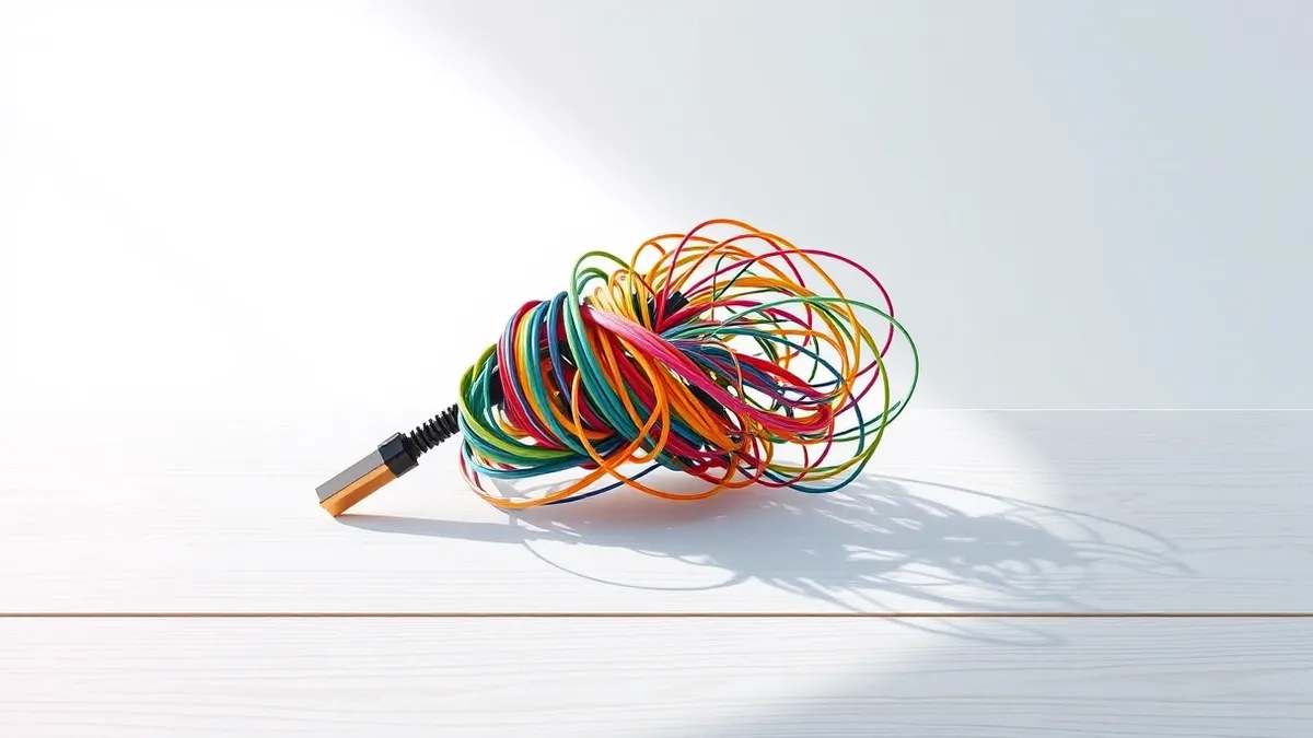 Illustration: A tangled knot of colorful fiber optic cables snags against a pristine white desktop surface.