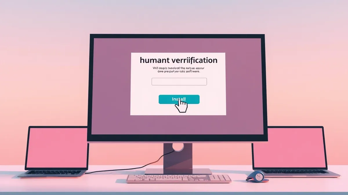 Illustration: A computer monitor displays a deceptive human verification challenge with a prominent install button.