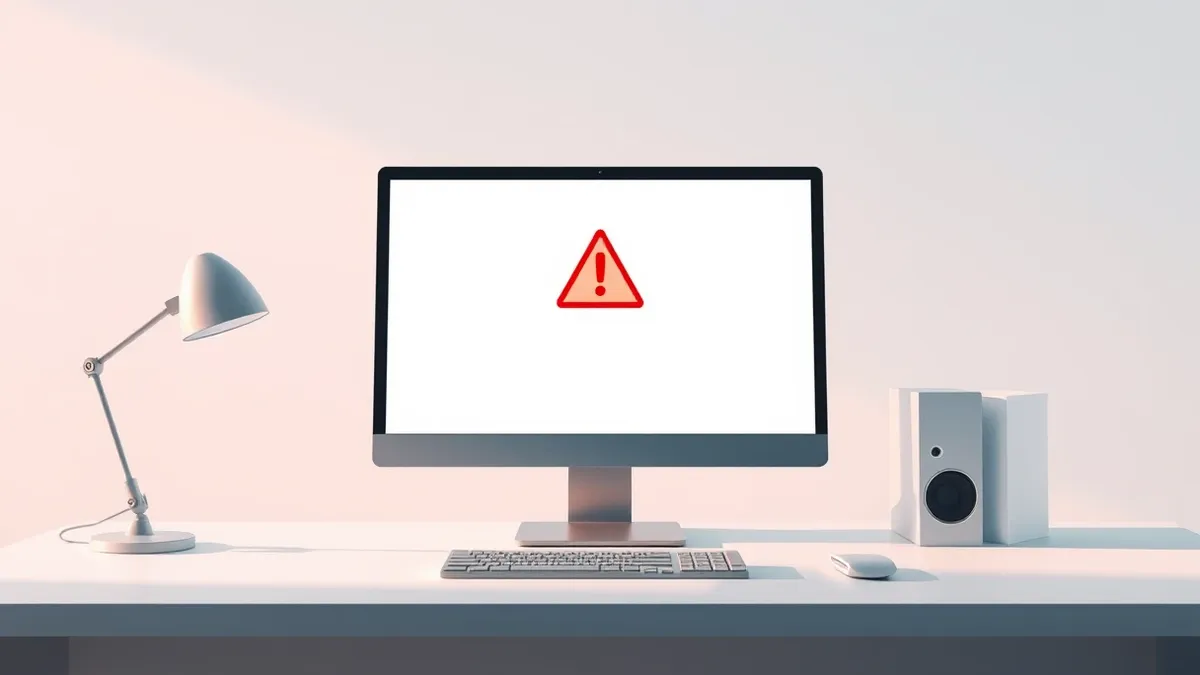 Illustration: A sleek desktop computer sits on a minimalist desk, its monitor displaying a blank browser window with a prominent red warning triangle centered on the white backgrou