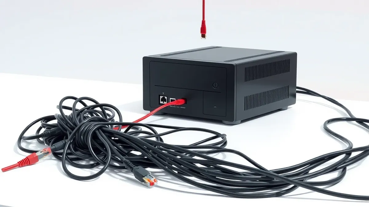 Illustration: A sleek black security appliance sits disconnected from a tangled bundle of ethernet cables.