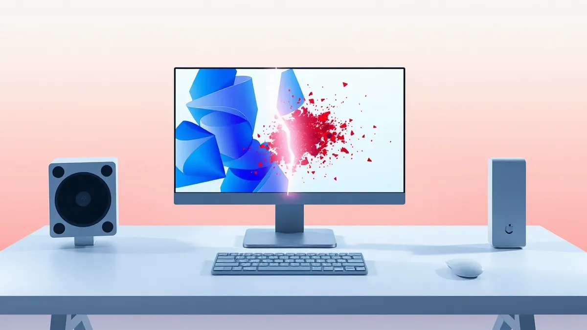 Illustration: A sleek desktop computer sits on a clean white desk with its monitor displaying abstract blue geometric shapes.