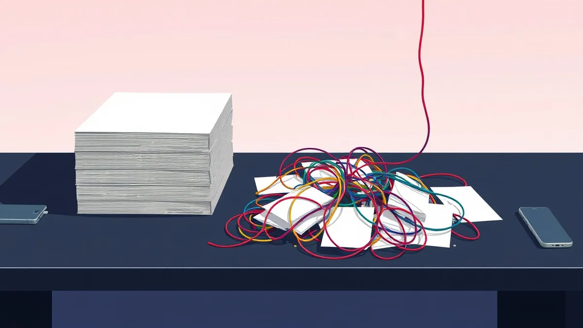 Illustration: A neat stack of blank white cards sits on a dark desk, representing standardized procedures.