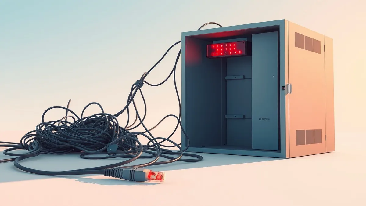 Illustration: A disorganized tangle of tangled cables connects to a blank server box, with several red warning lights blinking urgently on the front panel.