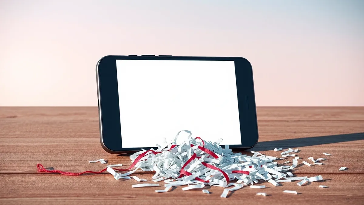 Illustration: A smartphone rests on a wooden table, its screen displaying a blank alert icon next to a scattered pile of shredded paper.
