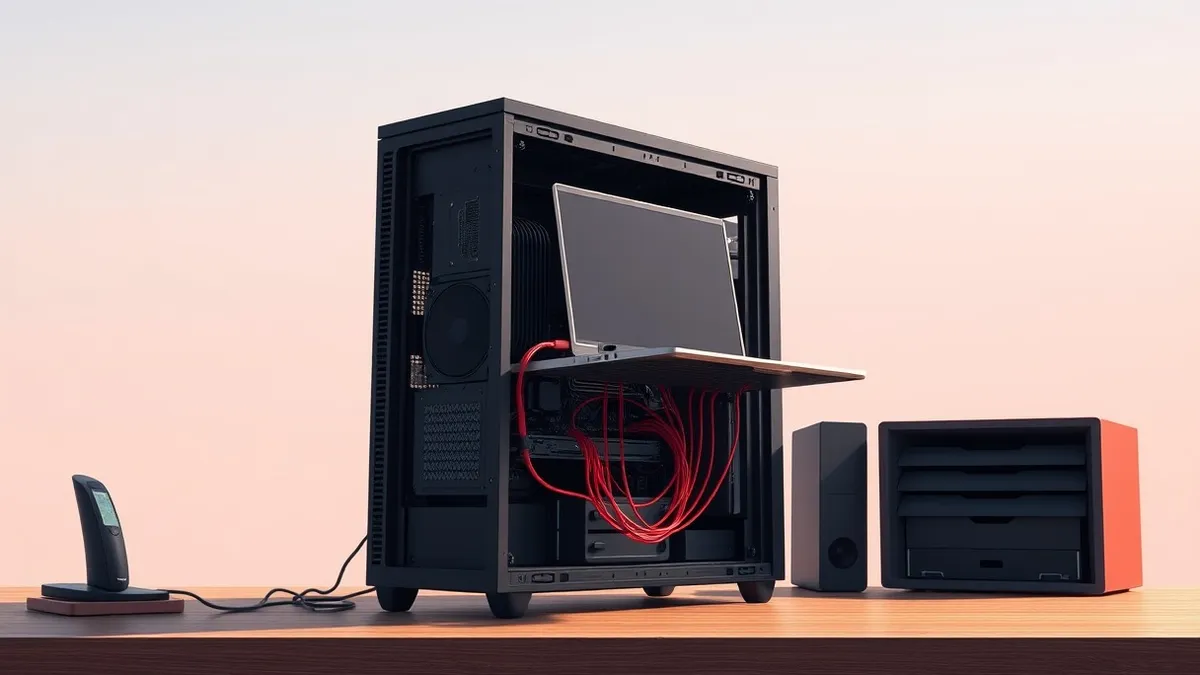 Illustration: A sleek black server tower sits on a wooden desk with its side panel removed.