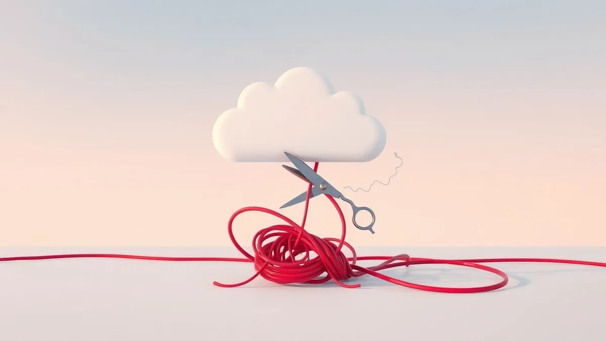 Illustration: A sleek white cloud icon floats above a tangled knot of thick red cables.
