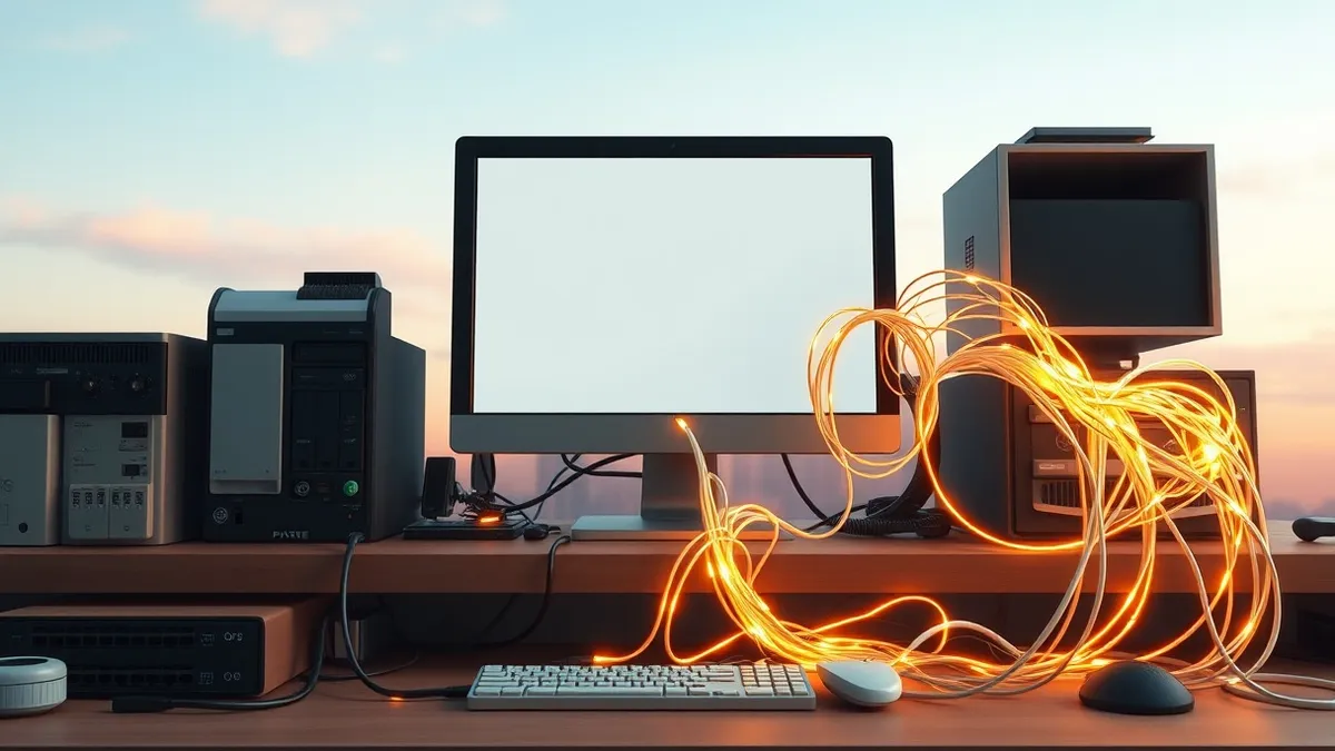 Illustration: A desktop computer sits on a cluttered office desk, its blank monitor reflecting a chaotic tangle of glowing network cables that snake through the floor vents.