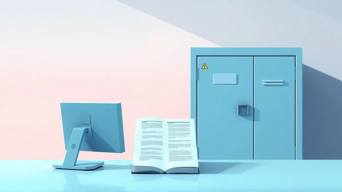 Illustration: A hospital reception desk sits beside a locked filing cabinet.
