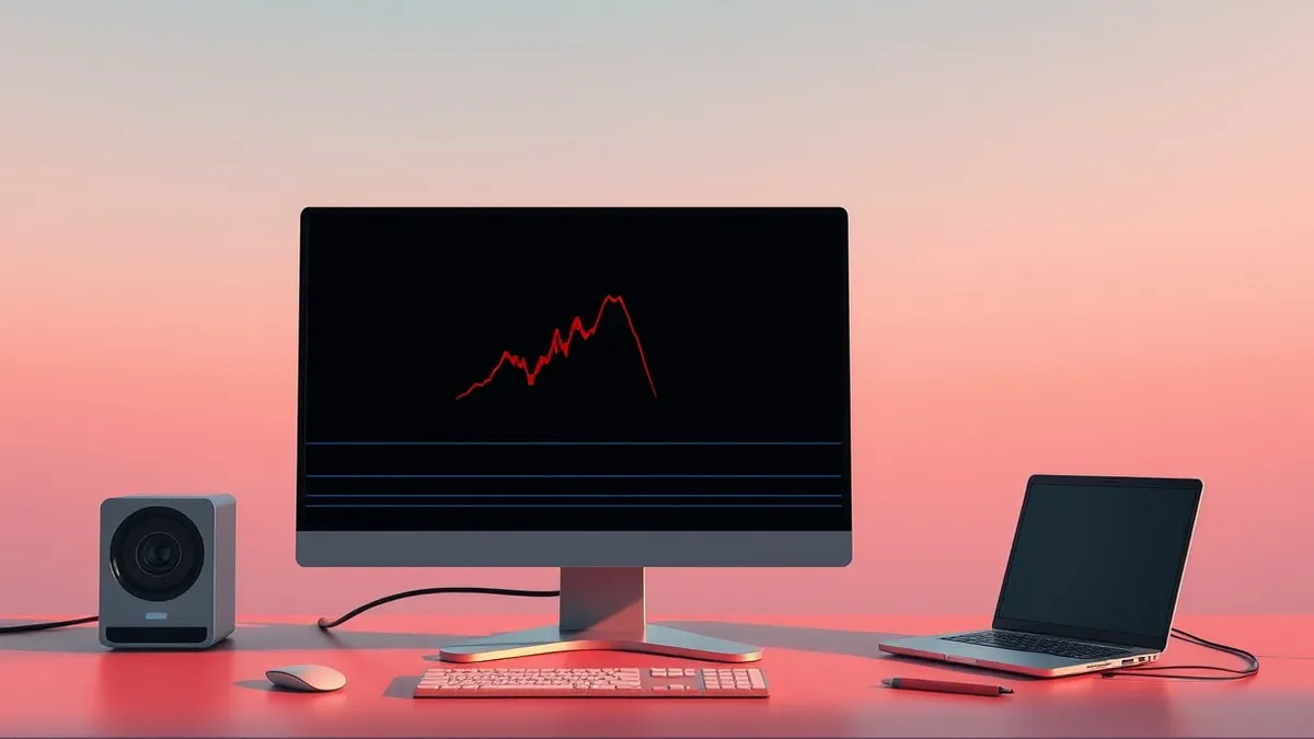 Illustration: A blank computer monitor displays a single jagged red line spiking sharply against a dark background, while normal flat blue lines remain steady below it, highlightin