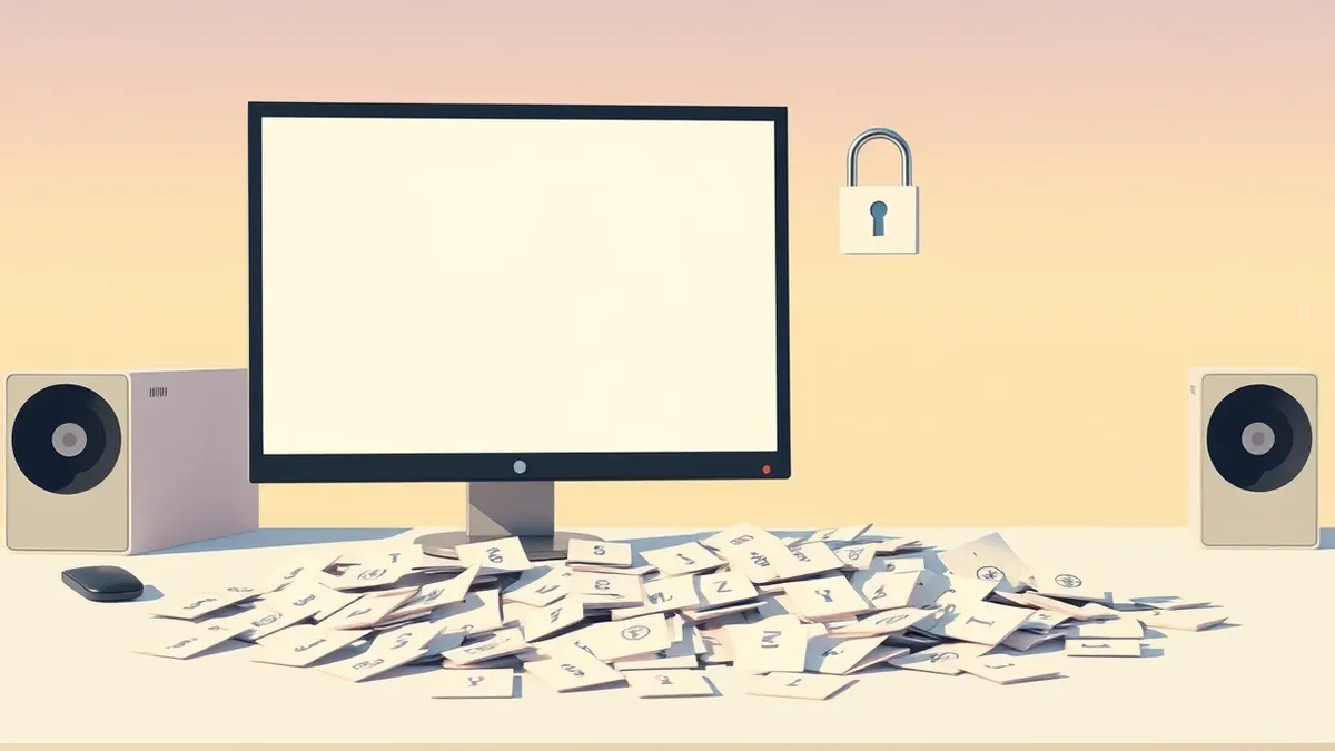 Illustration: A blank computer monitor sits on a desk next to a scattered pile of paper slips.