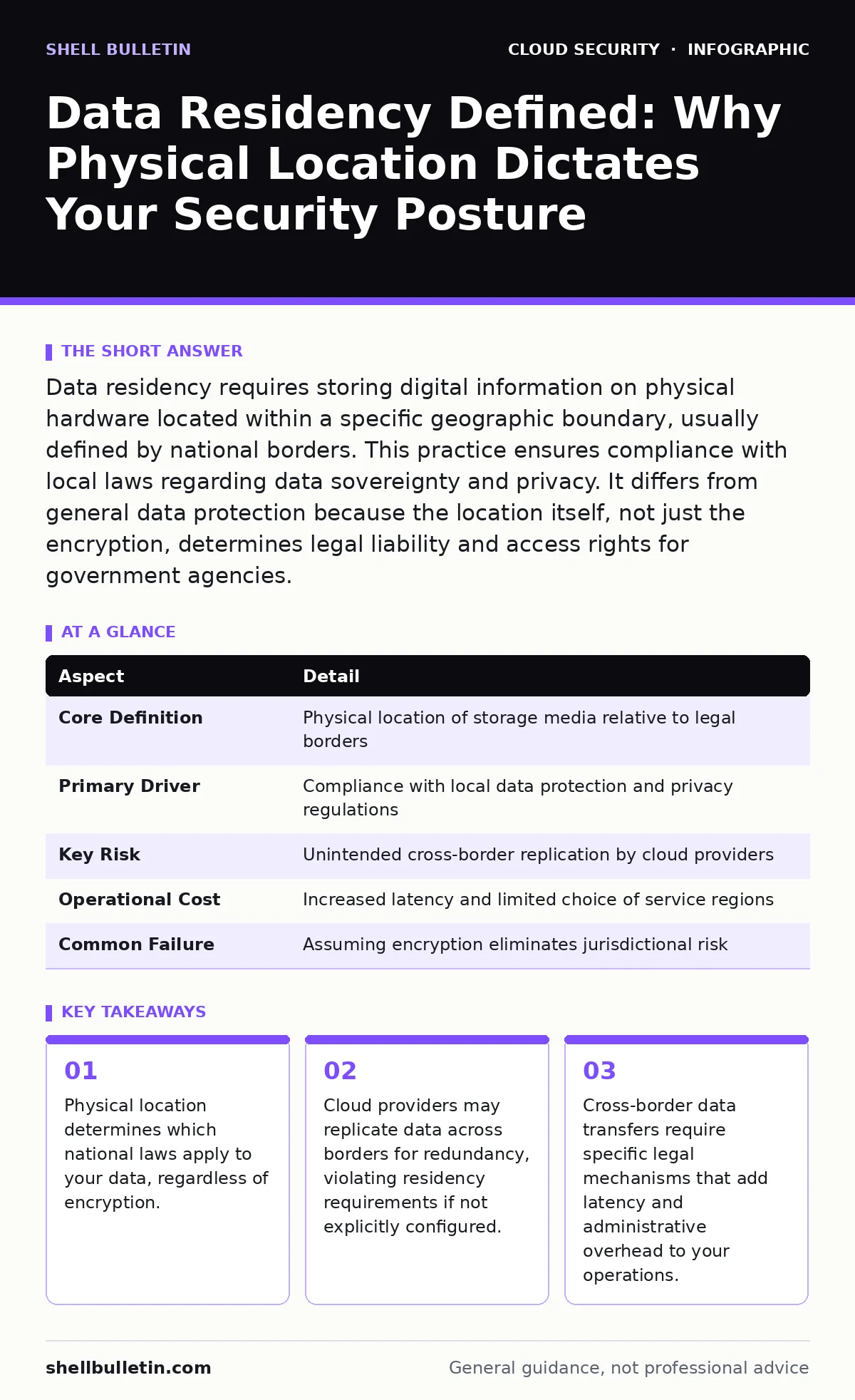 Infographic: Data Residency Defined: Why Physical Location Dictates Your Security Posture. Physical location determines which national laws apply to your data, regardless of encryption. Cloud providers may replicate data across borders for redundancy, violating residency requirements if not explicit