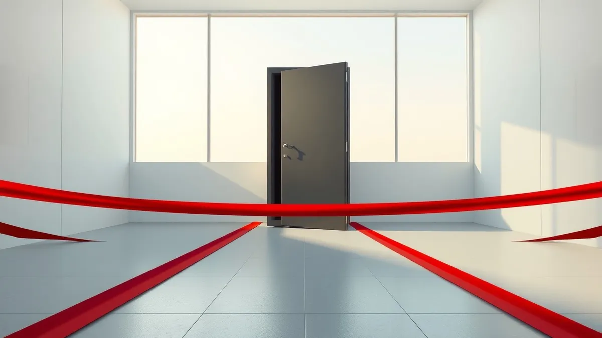 Illustration: A blank server rack sits inside a windowless room, with a heavy steel door slightly ajar.