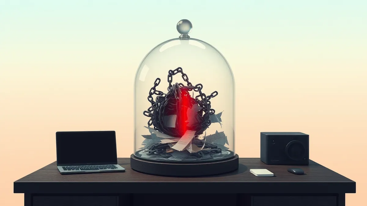 Illustration: A transparent glass dome sits on a dark wooden desk, containing a tangle of broken chains and shredded paper fragments.