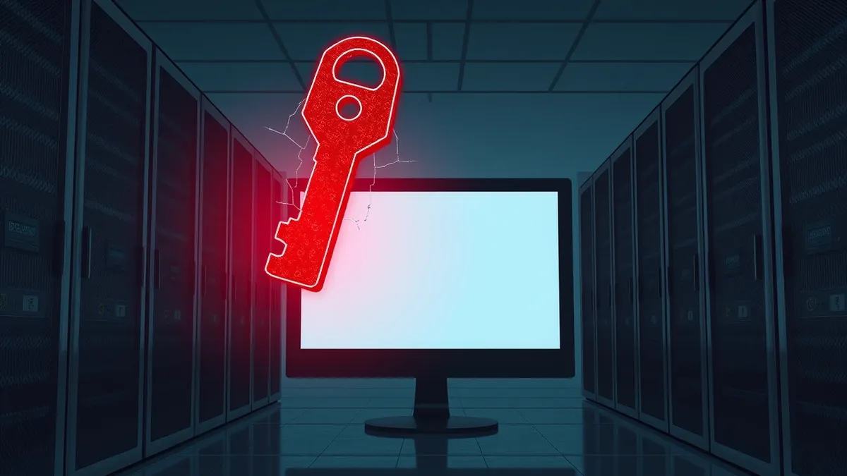 Illustration: A dark server room features a single exposed terminal interface with a cracked glass effect.
