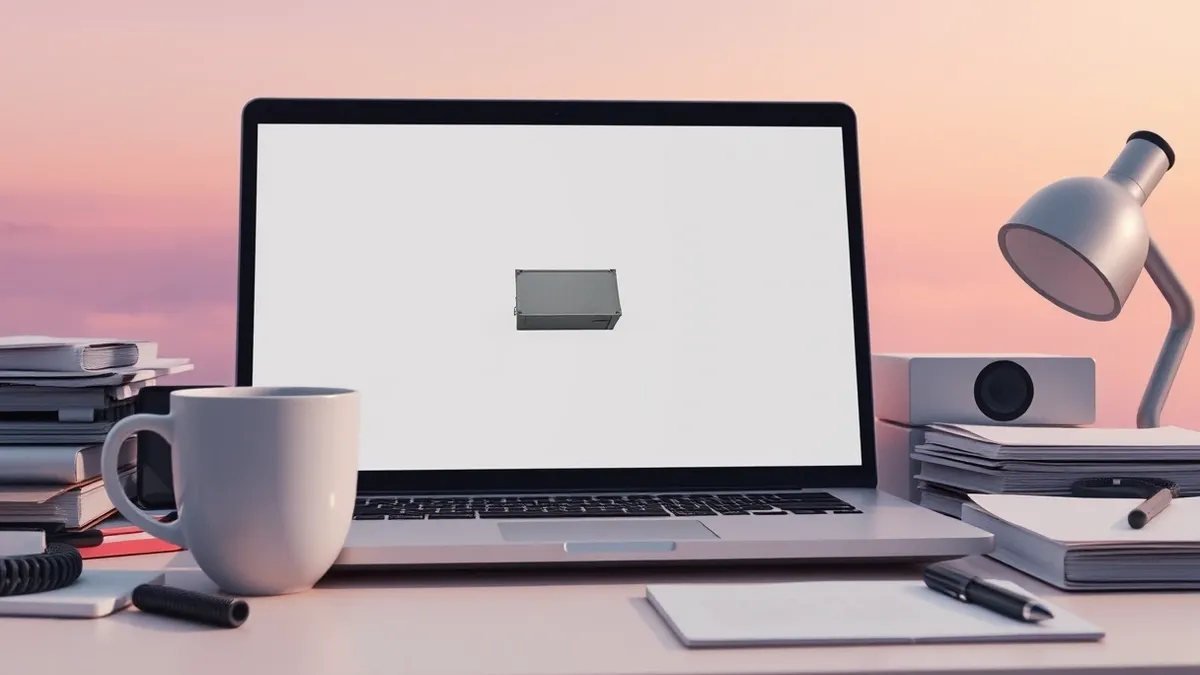 Illustration: A white ceramic coffee cup sits on a cluttered desk next to a sleek silver laptop.