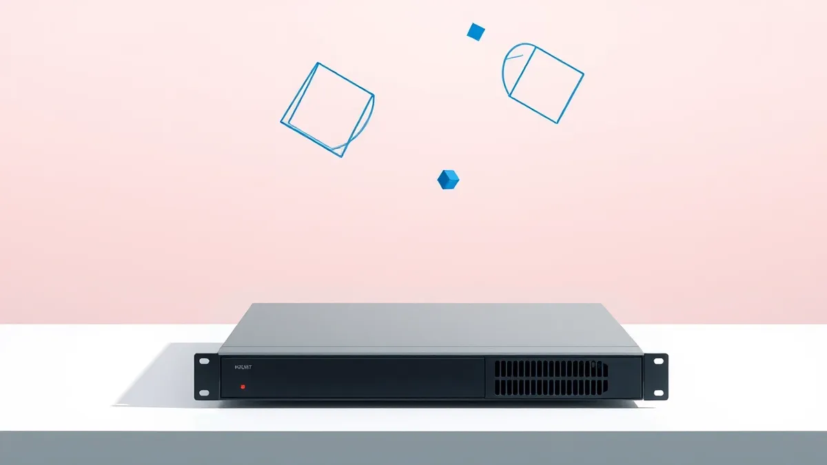 Illustration: A sleek grey network appliance sits on a clean white desk with its blank front panel facing forward.