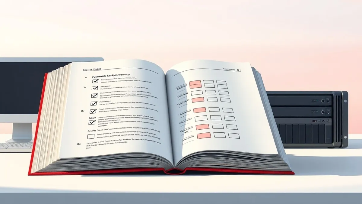 Illustration: A thick, well-worn manual sits open on a clean white desk next to a sleek server blade.