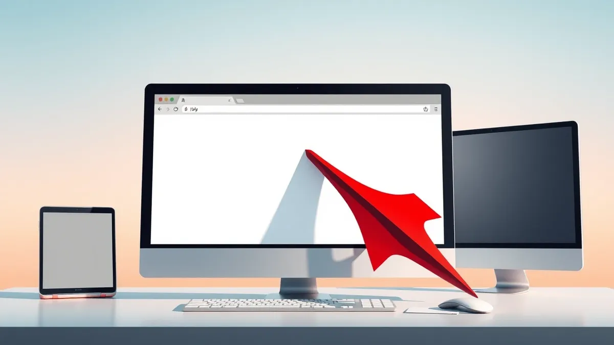 Illustration: A web browser window displays a blank white page with a single, jagged red arrow piercing through the screen glass from the outside.