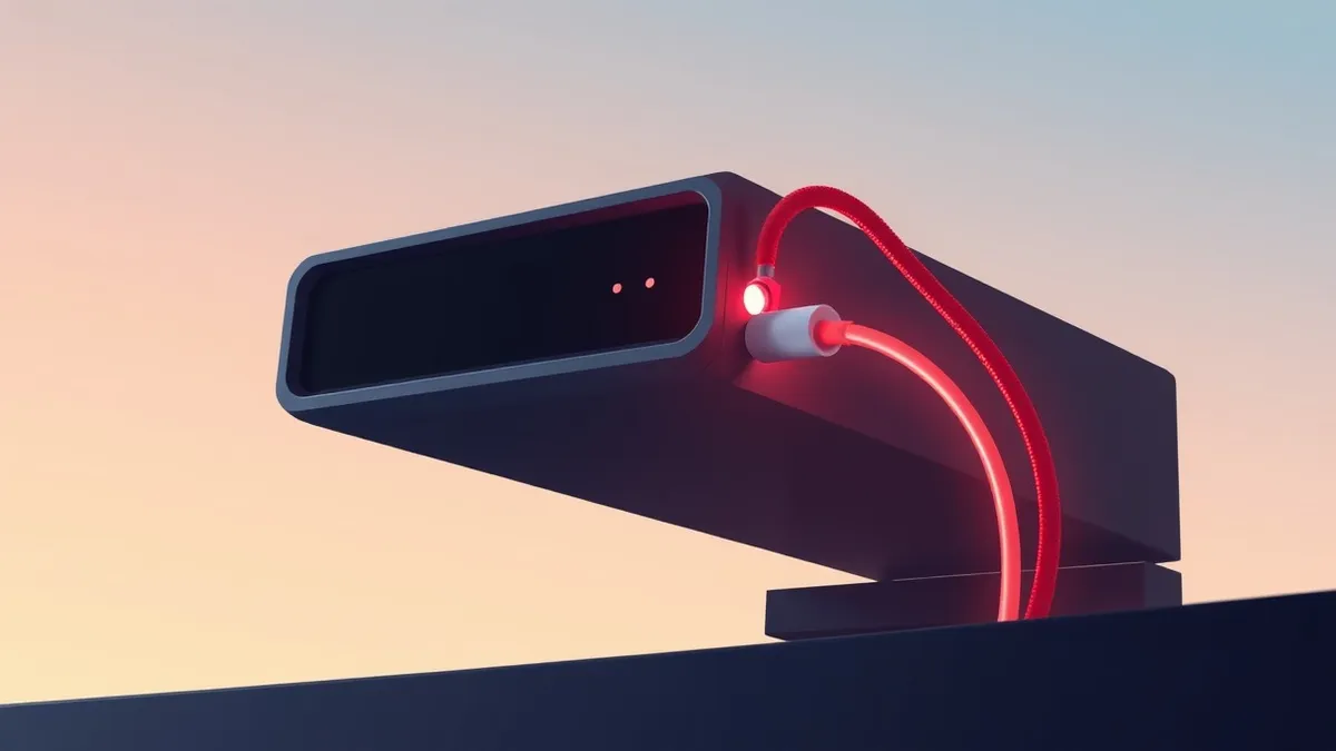 Illustration: A sleek remote access gateway device sits on a dark desk with a single glowing cable plugged into its port.