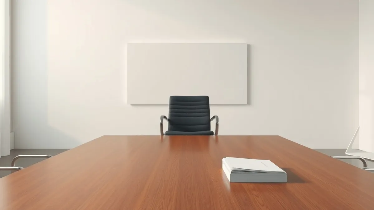 Illustration: A solitary office chair sits empty in a stark, minimalist conference room.