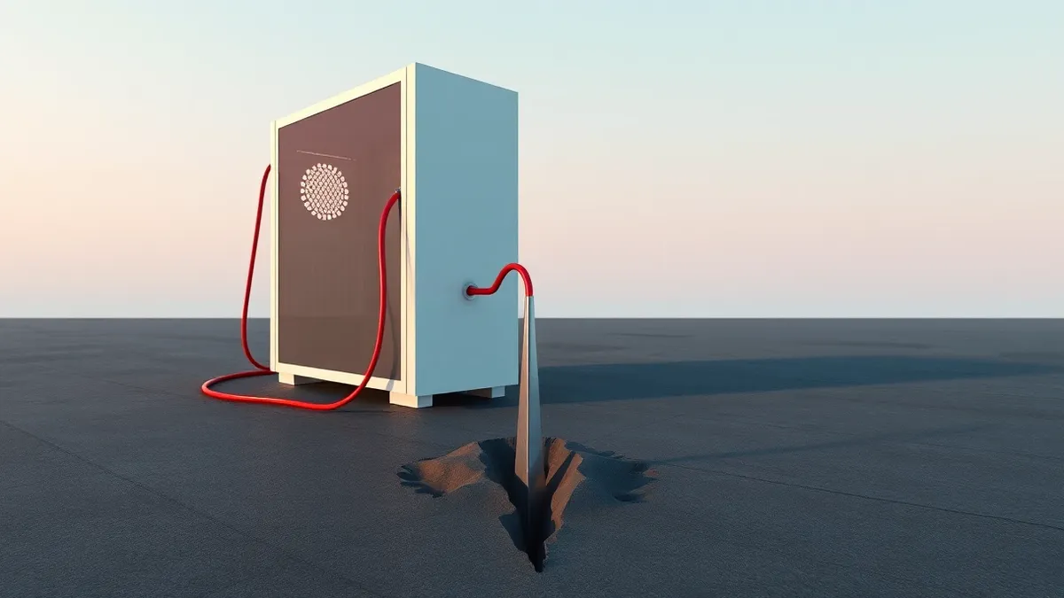 Illustration: A sleek white server tower sits isolated on a dark concrete floor.