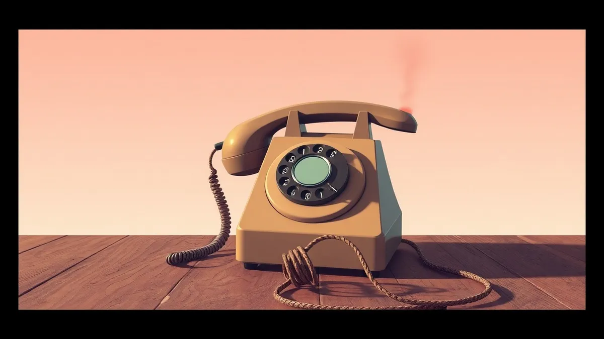 Illustration: A vintage rotary telephone sits on a wooden surface, its handset lifted slightly to reveal a faint, distorted red glow emanating from inside the earpiece.