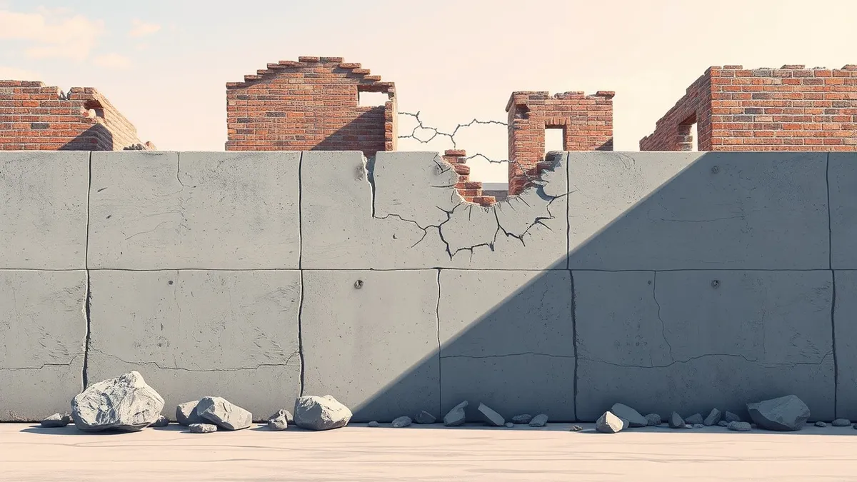 Illustration: A thick concrete wall stands before a crumbling brick building, absorbing the impact of heavy, jagged rocks.
