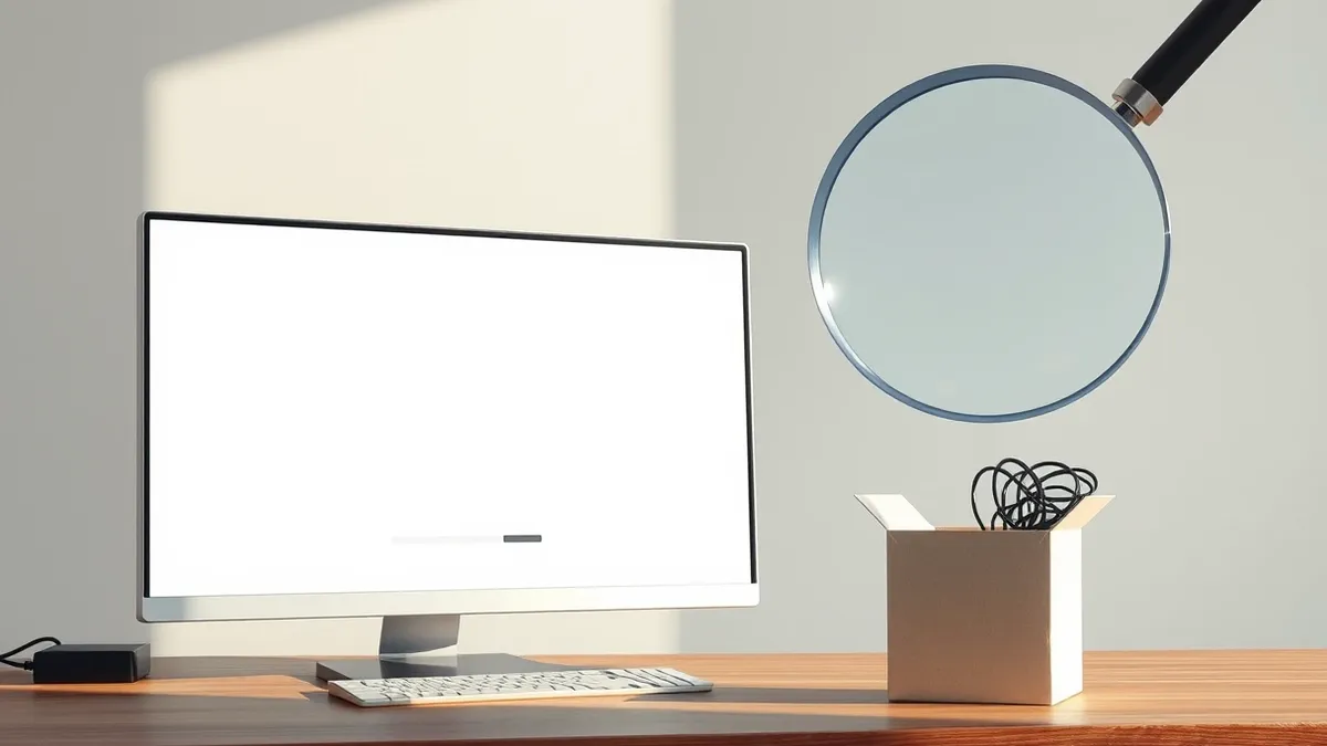 Illustration: A clean desktop computer monitor sits on a wooden desk, displaying a single blank installation progress bar near the bottom of a white screen.