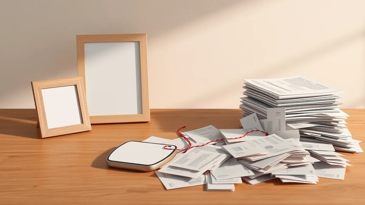 Illustration: A blank smartphone lies on a kitchen table next to an empty photo frame and a stack of unopened mail.