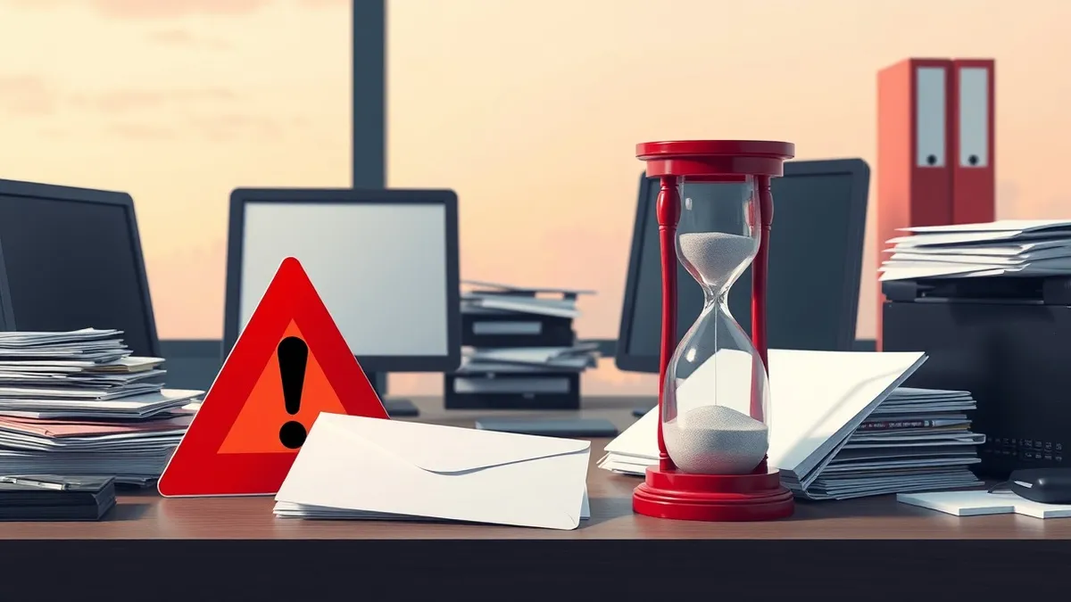Illustration: A red warning triangle sits on a cluttered office desk beside a stack of blank legal envelopes.