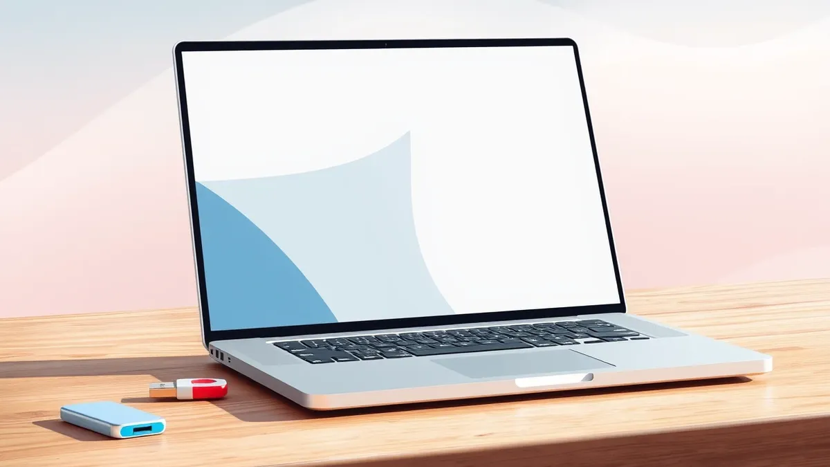 Illustration: A silver laptop rests on a wooden desk with its lid slightly ajar.