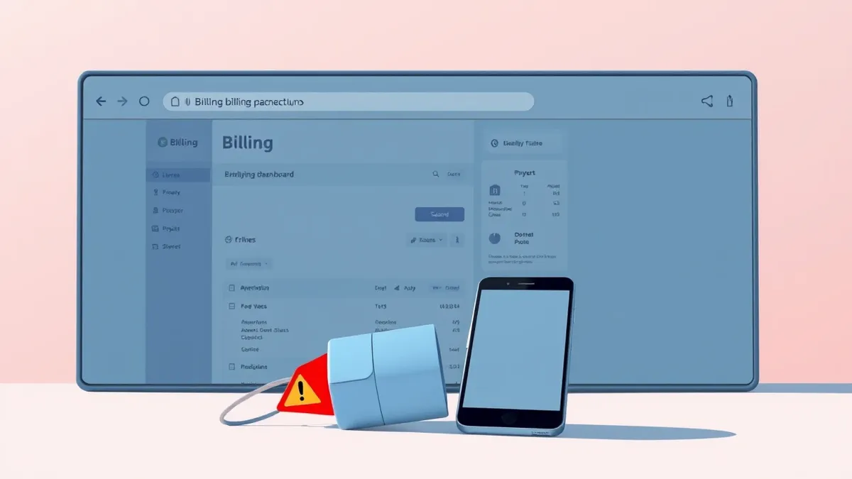Illustration: A generic web browser window displays a blank billing dashboard with a red warning triangle in the corner.