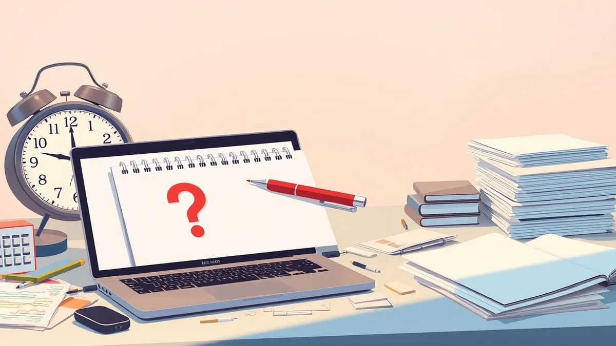Illustration: An open laptop sits on a cluttered desk next to a ticking wall clock and a stack of blank papers.