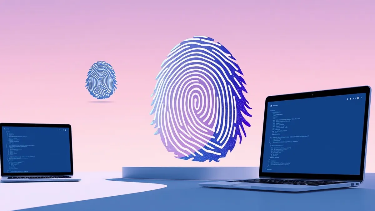 Illustration: A transparent digital fingerprint hovers above a jagged, shifting blob of code.