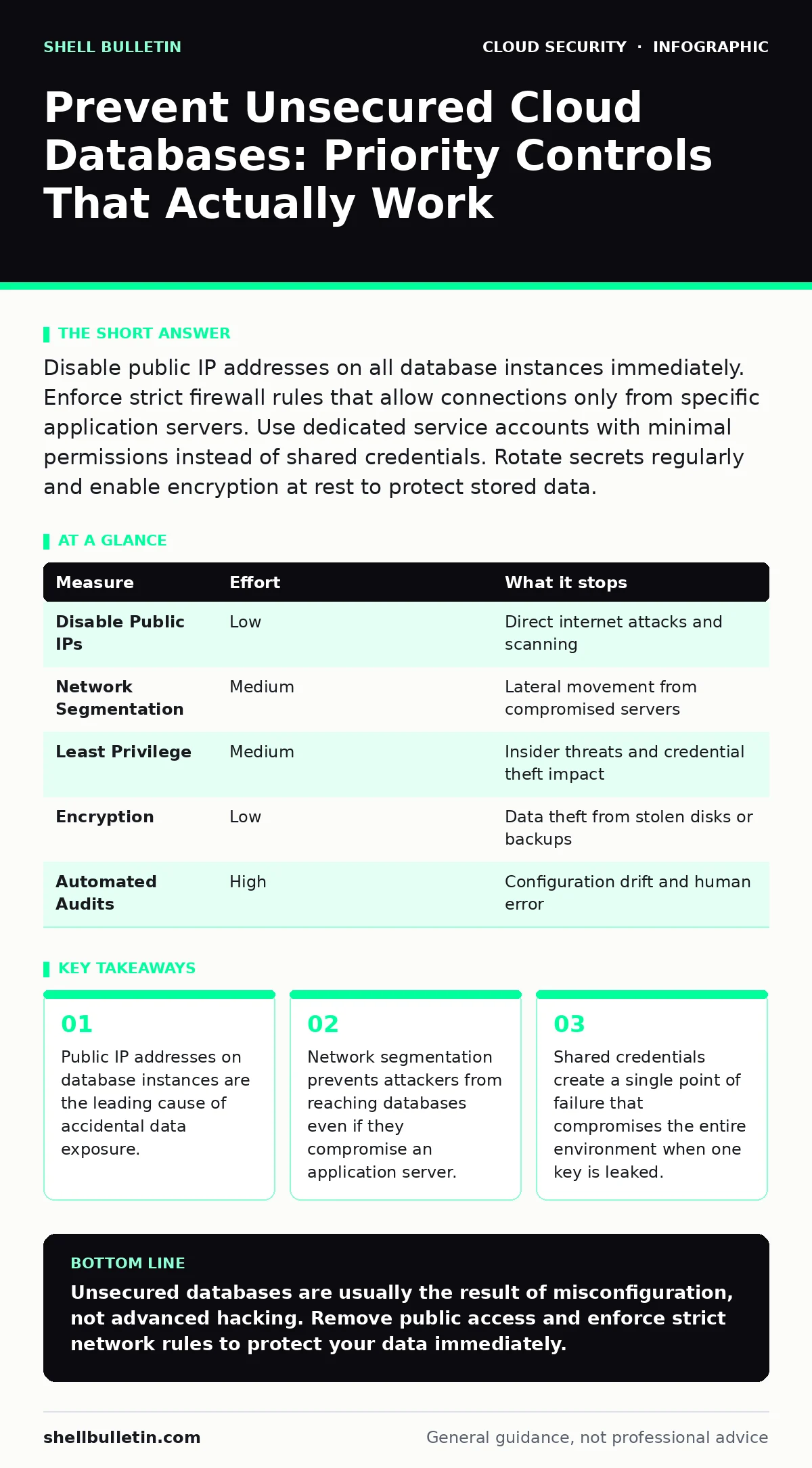 Infographic: Prevent Unsecured Cloud Databases: Priority Controls That Actually Work. Public IP addresses on database instances are the leading cause of accidental data exposure. Network segmentation prevents attackers from reaching databases even if they compromise an application server. Shared cre