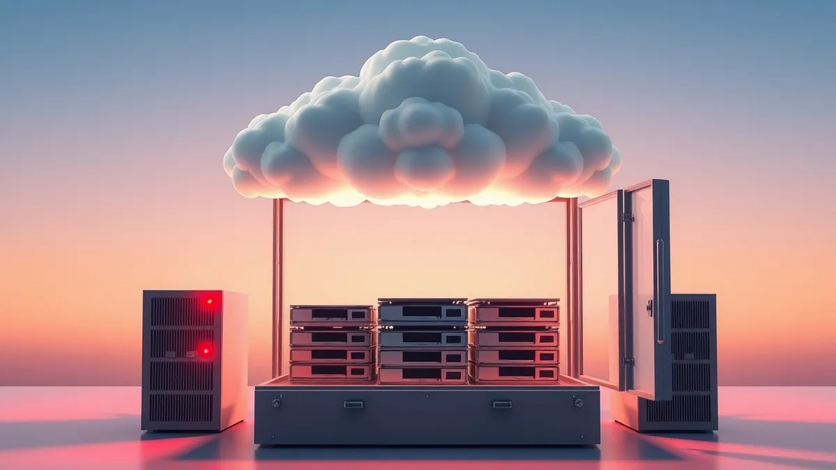Illustration: A glowing cloud hovers above an open metal box containing stacked data disks.